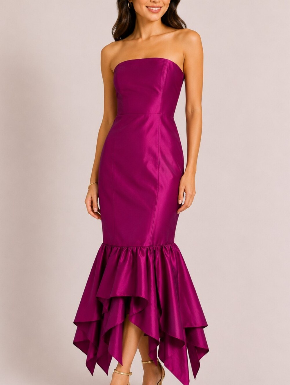 Designer Rasario Strapless Ruffled Silk Corset Gown Magenta FR 36 / IT 38 (US 2)